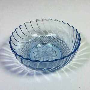 Blue Pressed Glass Serving Bowl 9" Swirl Sunflower Pattern Scalloped Edge KIG